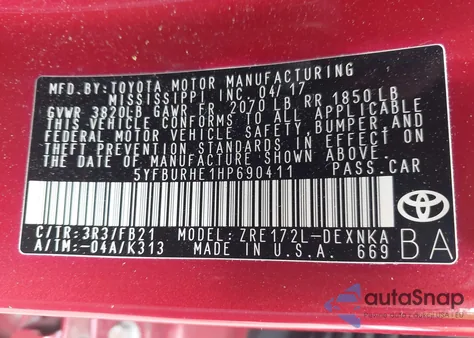 2017 Toyota Corolla Le из США, поврежденный, VIN 5YFBURHE1HP690411